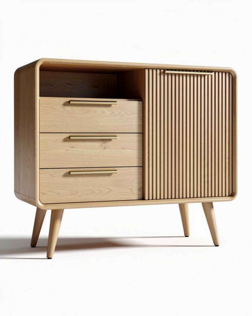 Houten dressoir met drie lades en een gevouwen deur van 90 x 45 x 75cm