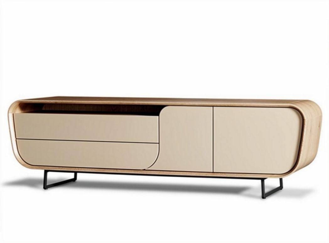 Dressoir van gebogen MDF met metalen poten in beige 150 x 40 x 50cm