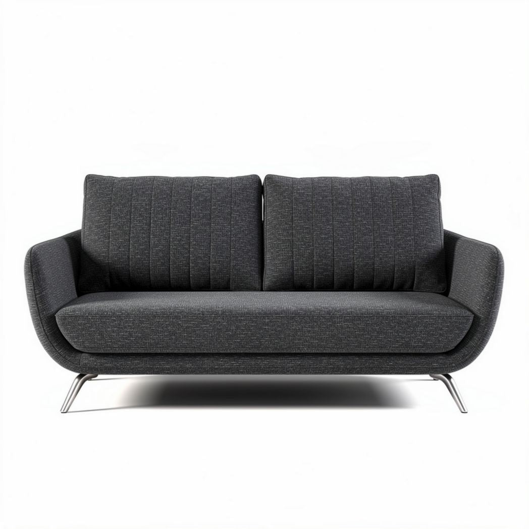 Grijs stoffen bank met metalen poten en afmetingen 180 x 90 x 85cm