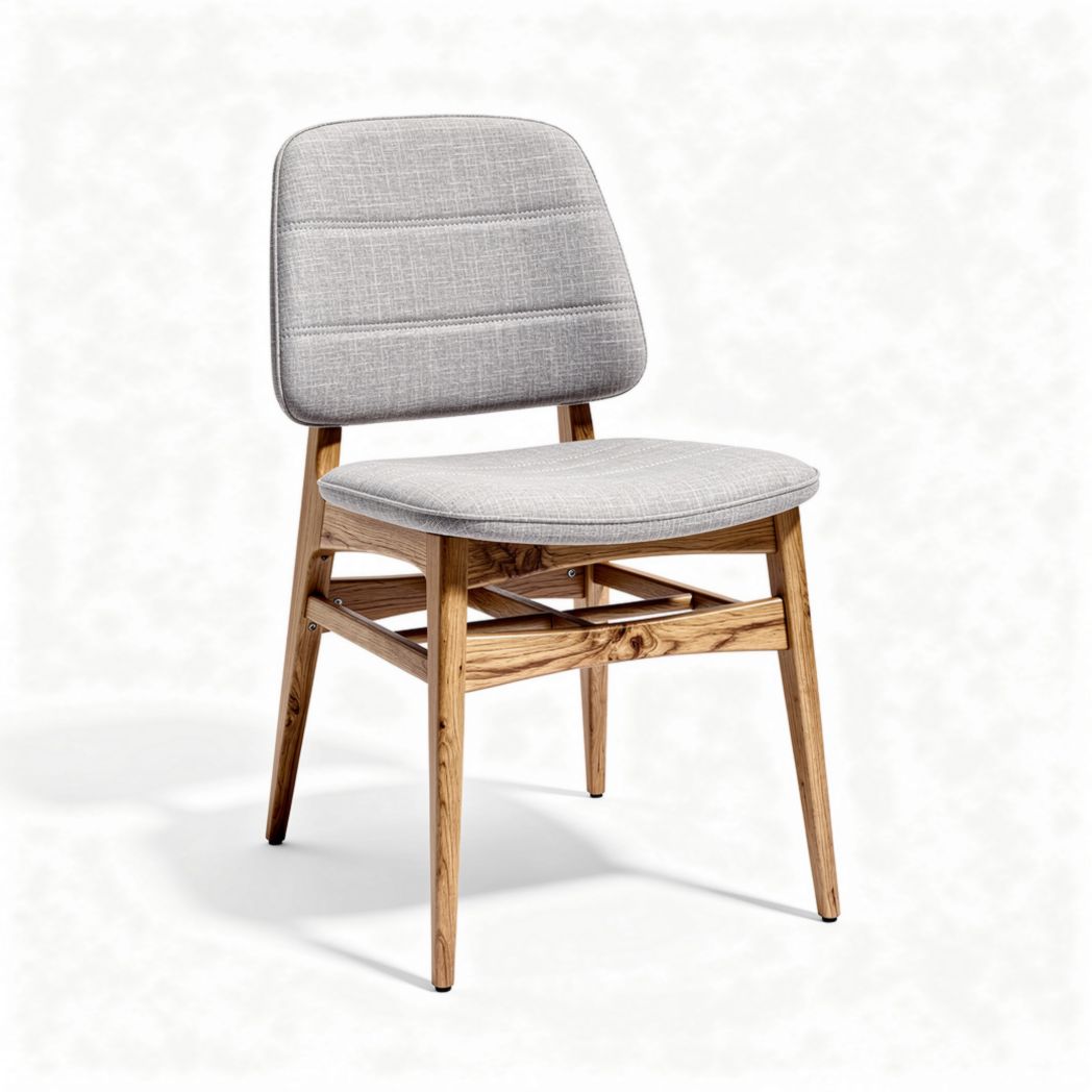 Eetstoel van grijs stoffen bekleding met houten onderstel 45 x 50 x 85cm